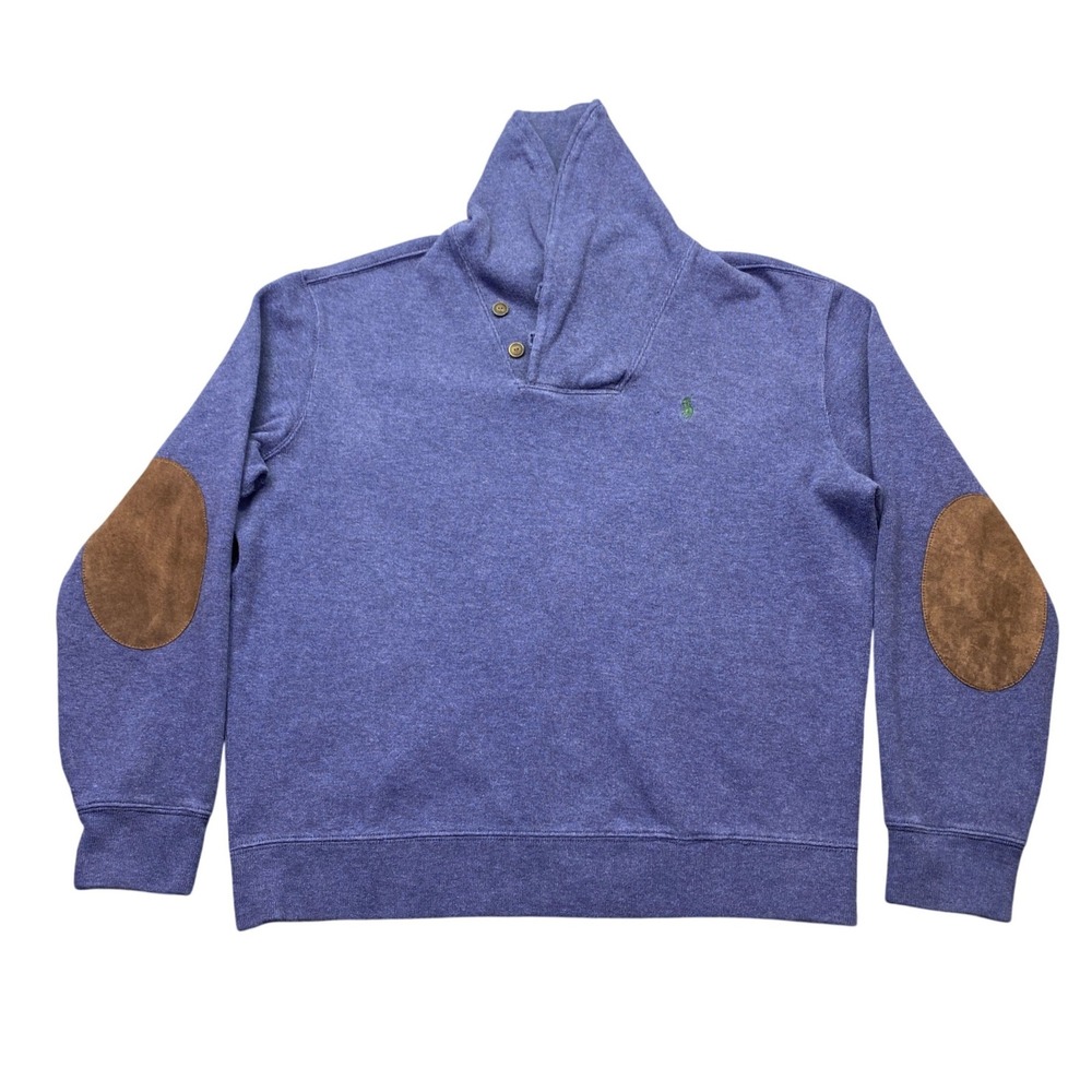 Polo Ralph Lauren Mens Blue Shawl Collar Sweatshirt Elbow Patches Large Grunge